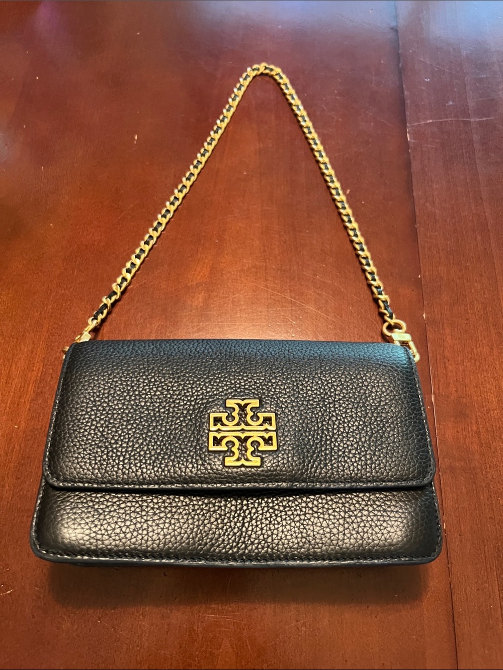 Tory Burch Black Pebbled Leather Chain Crossbody with Gold Logo